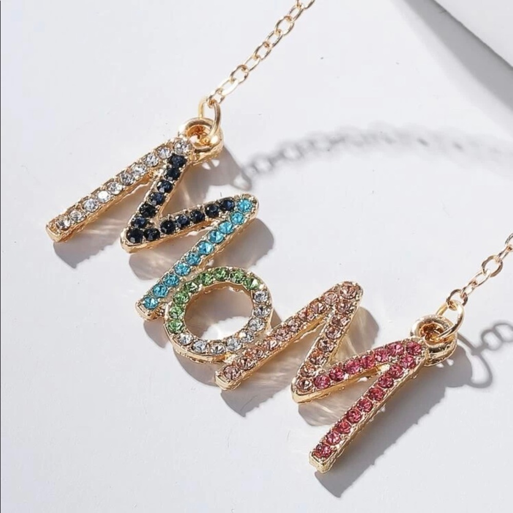 Rhinestone “Mom” Multicolored Word Gold Necklace